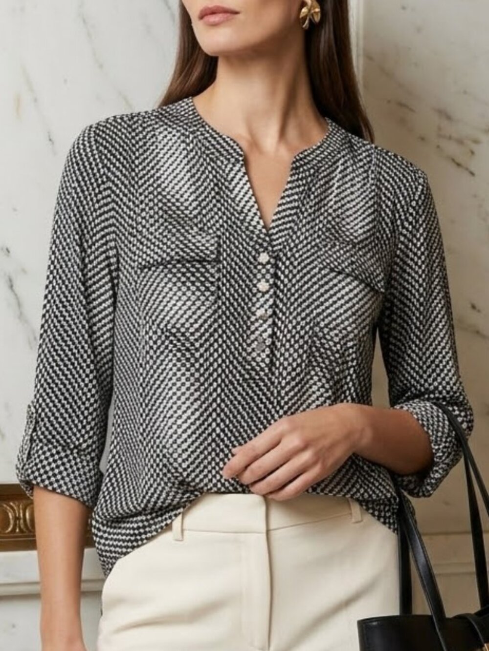 Cocomo Abstract Print Pintuck 3/4 Sleeve Women's Boho Peasant Preppy Blouse PXL